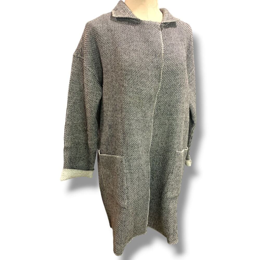Medium‎ Ellen Fisher Woven Long Cardigan Jacket Snap Up Wool Cotton